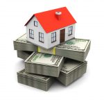 abstract 3d illustration of house on money stack, real estate business concept